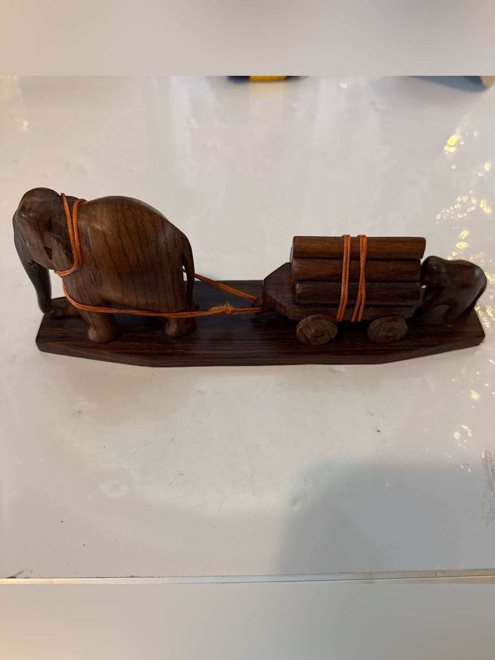 Vintage Hand Carved Wooden Elephant Pulling Log with baby mother pair working
